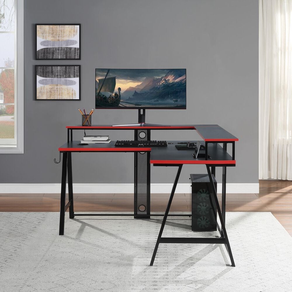 OSP Home Disruptor L-Shaped Gaming Desk in Black and Red, , large