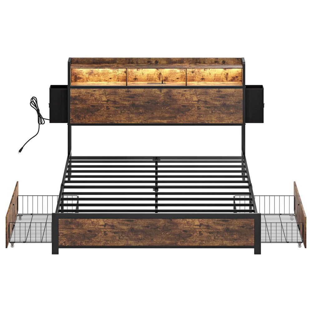HOMLUX 4-Drawer Queen Storage Bed with LED Bookcase Headboard and Charging Station in Rustic Brown, , large