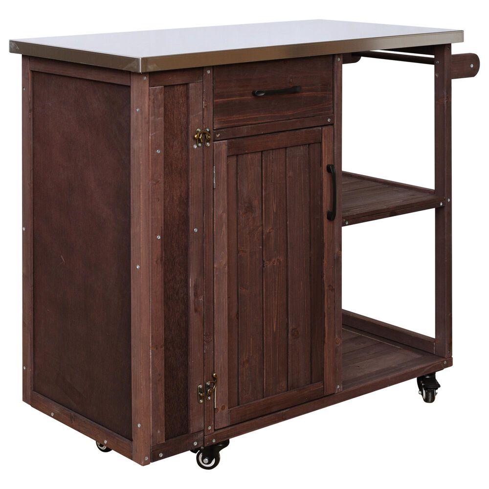 Hearth and Haven Outdoor Kitchen Island Cart with Stainless Steel Top, Towel and Spice Racks in Dark Brown, , large