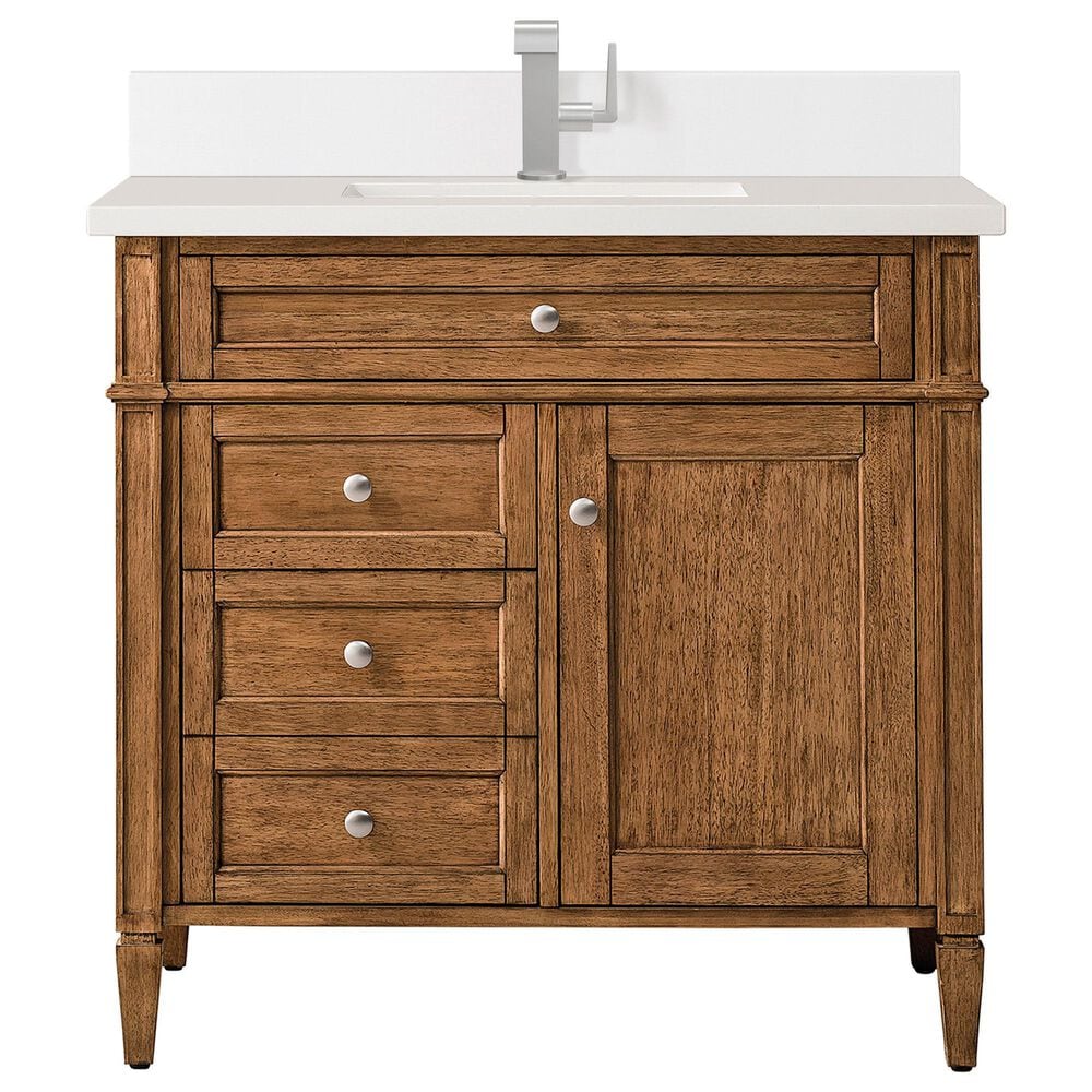 James Martin Vanities Brittany 36" Single Bathroom Vanity in Saddle Brown with Single Hole 3 cm White Zeus Quartz Top and Rectangular Sink, , large