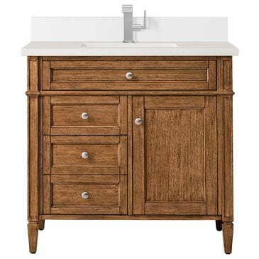 James Martin Vanities Brittany 36" Single Bathroom Vanity in Saddle Brown with Single Hole 3 cm White Zeus Quartz Top and Rectangular Sink, , large