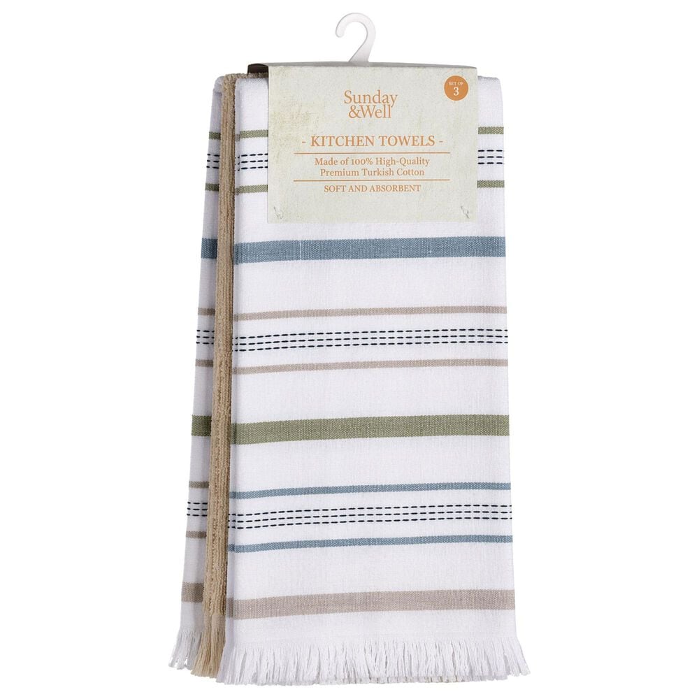 Willow &amp; Hem Marlow Turkish Cotton Kitchen Towel in White, Blue, Tan and Green (Set of 3), , large