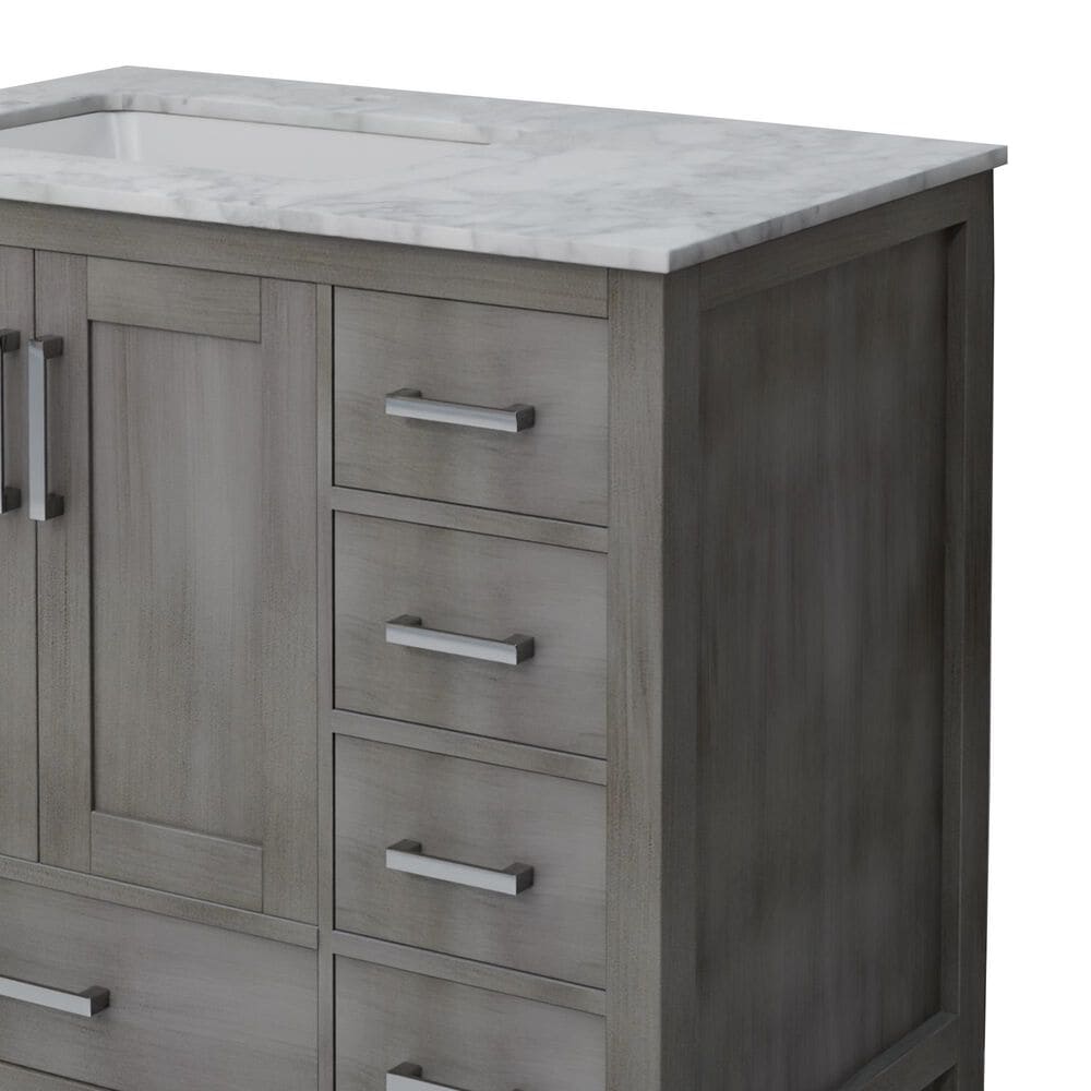 Lexora Home Jacques 36&quot; Left Offset Single Bathroom Vanity in Distressed Grey with 2 cm White Carrara Marble Top and Rectangular Sink, , large