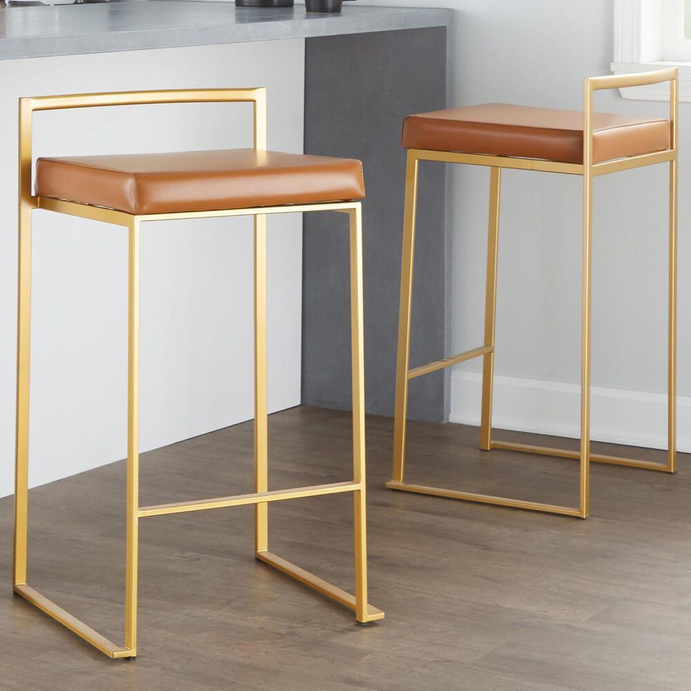 LumiSource Fuji 26" Stacker Counter Stool with Camel Upholstery in Gold (Set of 2), , large