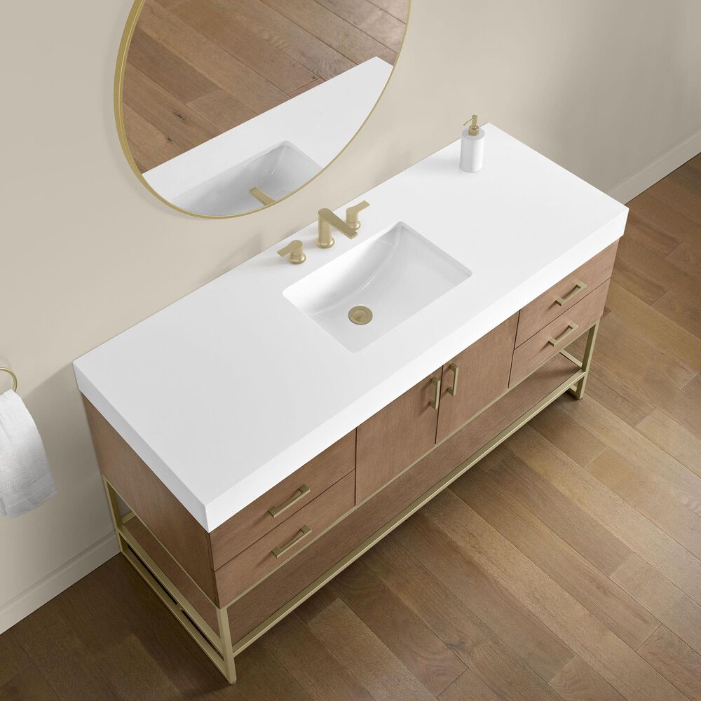37B Mauri 60" Single Bathroom Vanity with Metal Base in Walnut Drift with High-Profile 4" White Composite Stone Top, , large