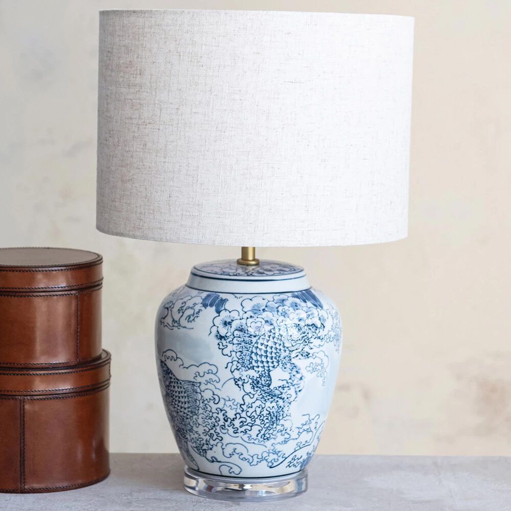Teak Interiors Dapper Home Hand-Painted Ceramic Table Lamp with Linen Shade, Inline Switch in Blue and White, , large