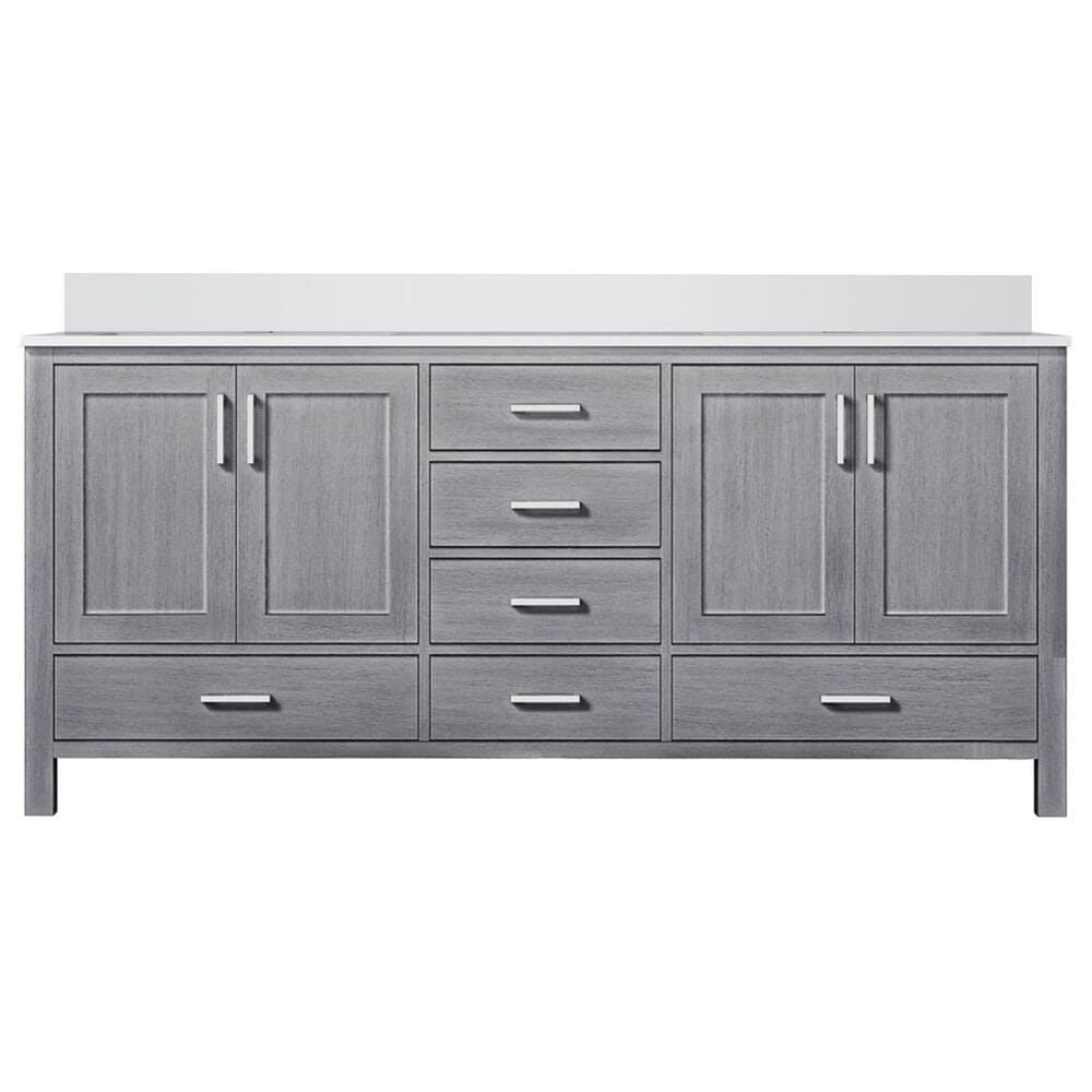 Lexora Home Jacques 72" Double Bathroom Vanity in Distressed Grey with 2 cm White Cultured Marble Top and Rectangular Sinks, , large