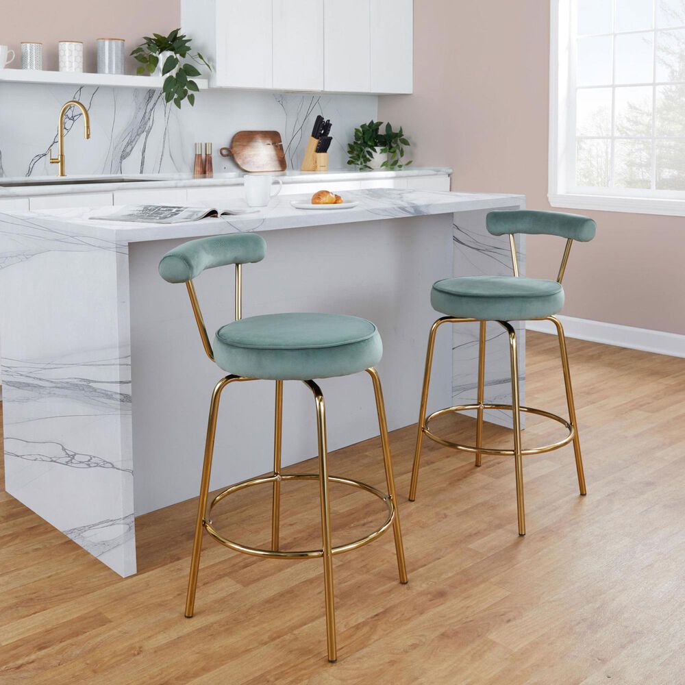 Lumisource Rhonda Swivel Counter Stool with Sage Green Velvet Cushion in Gold &#40;Set of 2&#41;, , large
