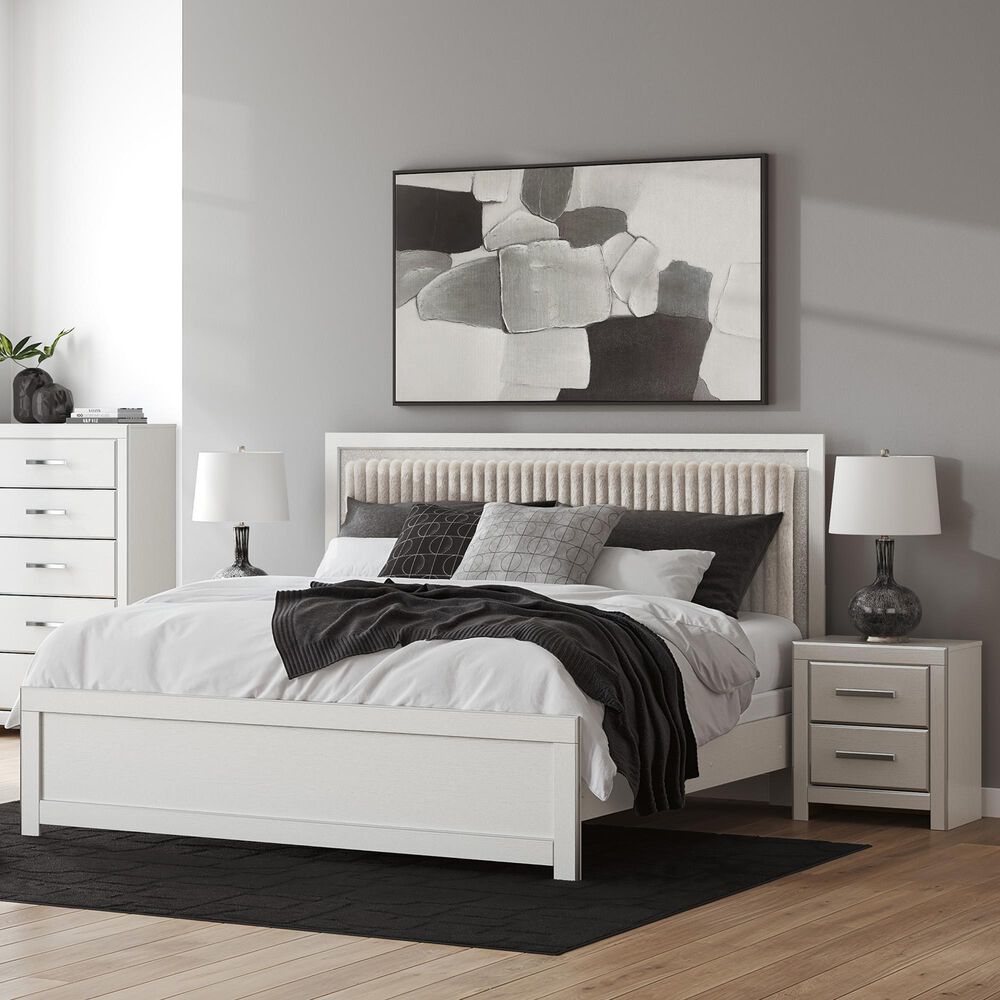 Ashley Zuraleus King Upholstered Panel Bed with Two Nightstands in Matte White, , large