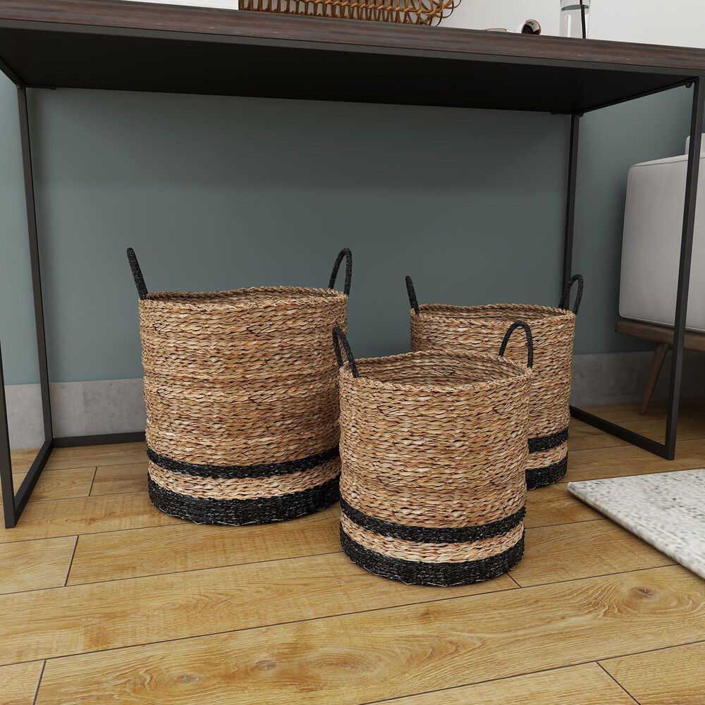 Maple and Jade Seagrass Storage Basket in Brown and Black &#40;Set of 3&#41;, , large