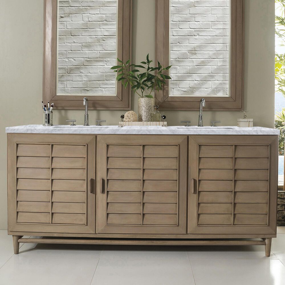 James Martin Vanities Portland 72&quot; Double Bathroom Vanity in Whitewashed Walnut with 3 cm Carrara White Marble Top and Rectangular Sinks, , large