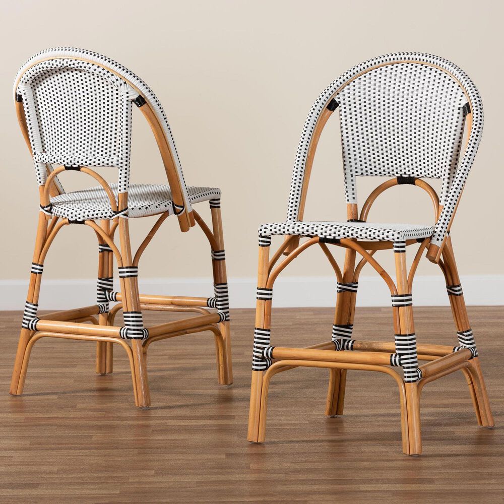 Baxton Studio Genica Counter Stool with Two-Tone Black and White Weaving in Natural Rattan (Set of 2), , large