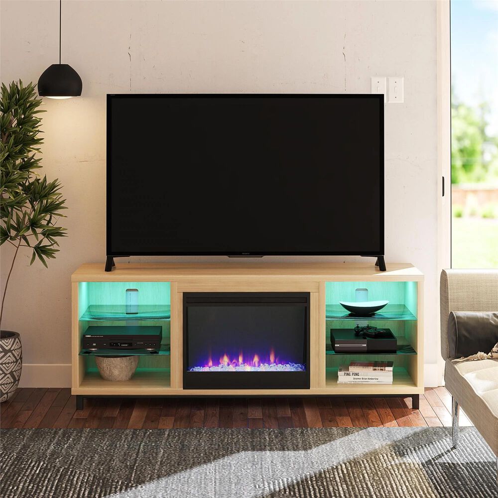 Ameriwood Home Lumina Deluxe Fireplace TV Stand in Blonde Oak, , large