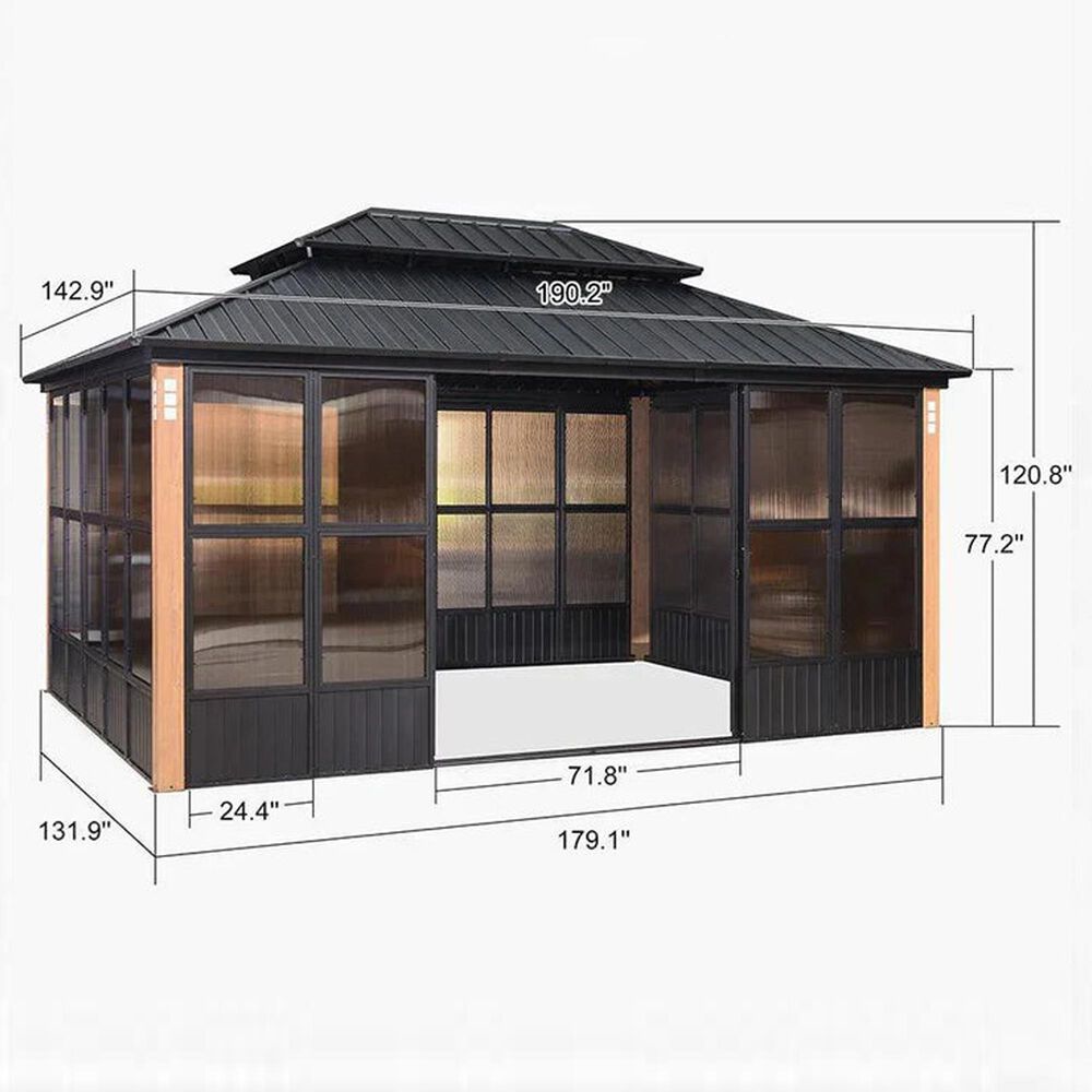 HOMLUX 12' x 16' Outdoor Hardtop Gazebo with Wood Grain Aluminum Frame in Black, , large