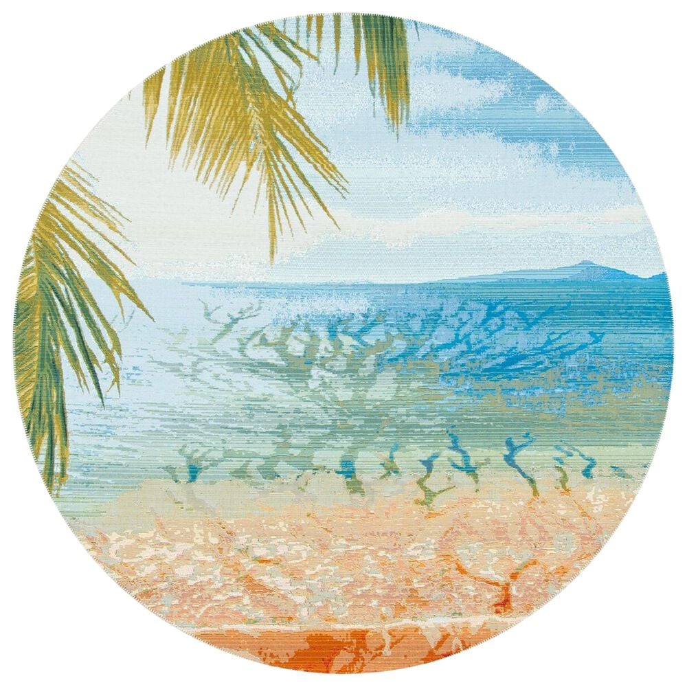 Safavieh Barbados Tropical Beach 6"6" Round Gold and Blue Indoor/Outdoor Area Rug, , large