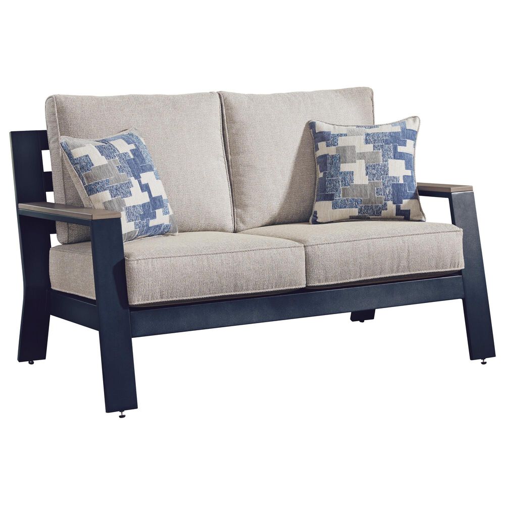 Ashley East Beach Stationary Loveseat with Beige Cushions in Navy Blue and Driftwood, , large