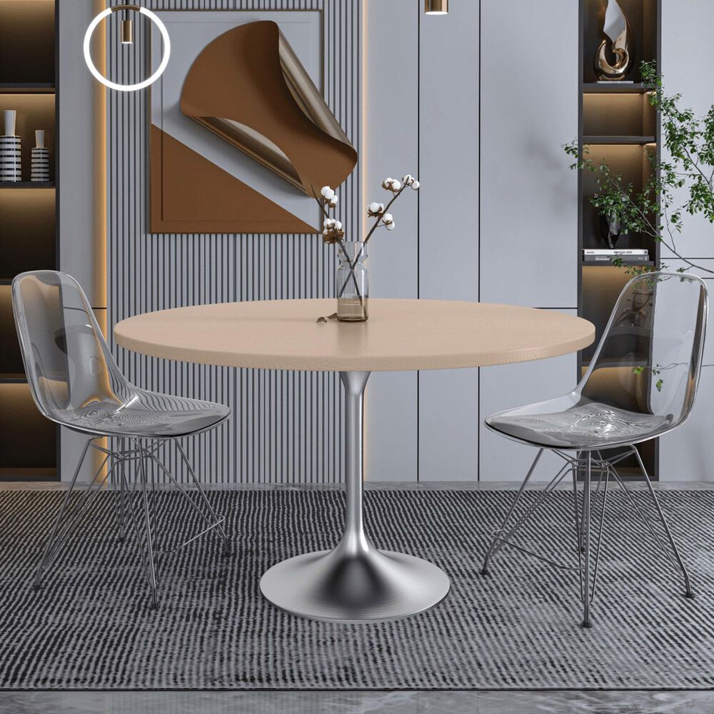 Leisuremod LeisureMod Verve Collection 48 Round Dining Table, Brushed Chrome Base with Light Natural Wood MDF Top, , large