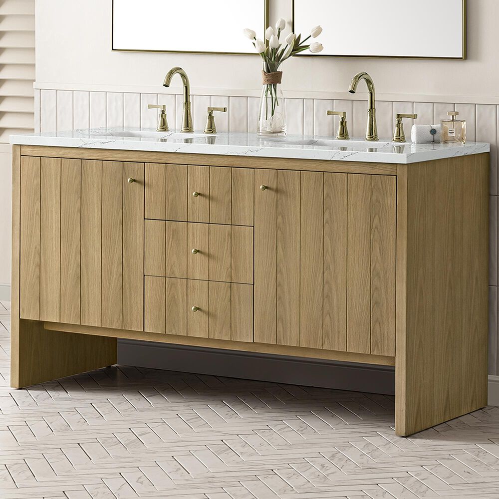 James Martin Vanities Hudson 60&quot; Double Bathroom Vanity in Light Natural Oak with 3 cm Ethereal Noctis Quartz Top and Rectangular Sinks, , large
