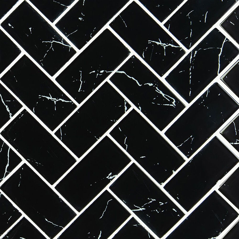 MS International Nero Marquina Herringbone 2" x 4" on 12" x 12" Glass Mosaic Sheet, , large