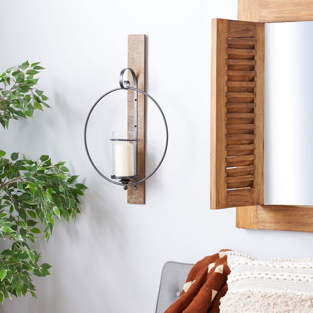 Maple and Jade Pillar Geometric Wall Sconce with Wood Back Mount in Brown and Black, , large