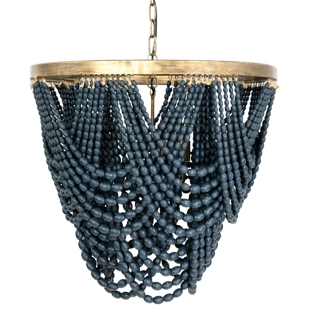 Creative Coop Laurel Draped Wood Bead Chandelier with Brushed Gold and Blue Shade, , large