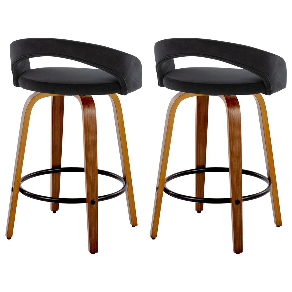 LumiSource Grotto Swivel Counter Stool with Black Velvet Upholstery in Walnut Wood and Black (Set of 2), , large