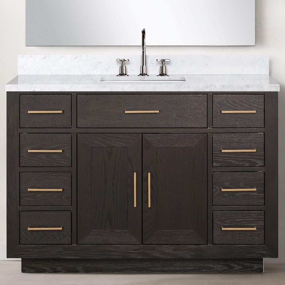 Lexora Home Abbey 48&quot; Single Bathroom Vanity in Brown Oak with 2 cm White Carrara Marble Top and Rectangular Sink, , large