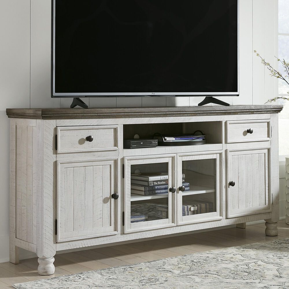 Ashley Havalance 74&quot; TV Stand in Distressed Weathered Gray and Vintage White, , large