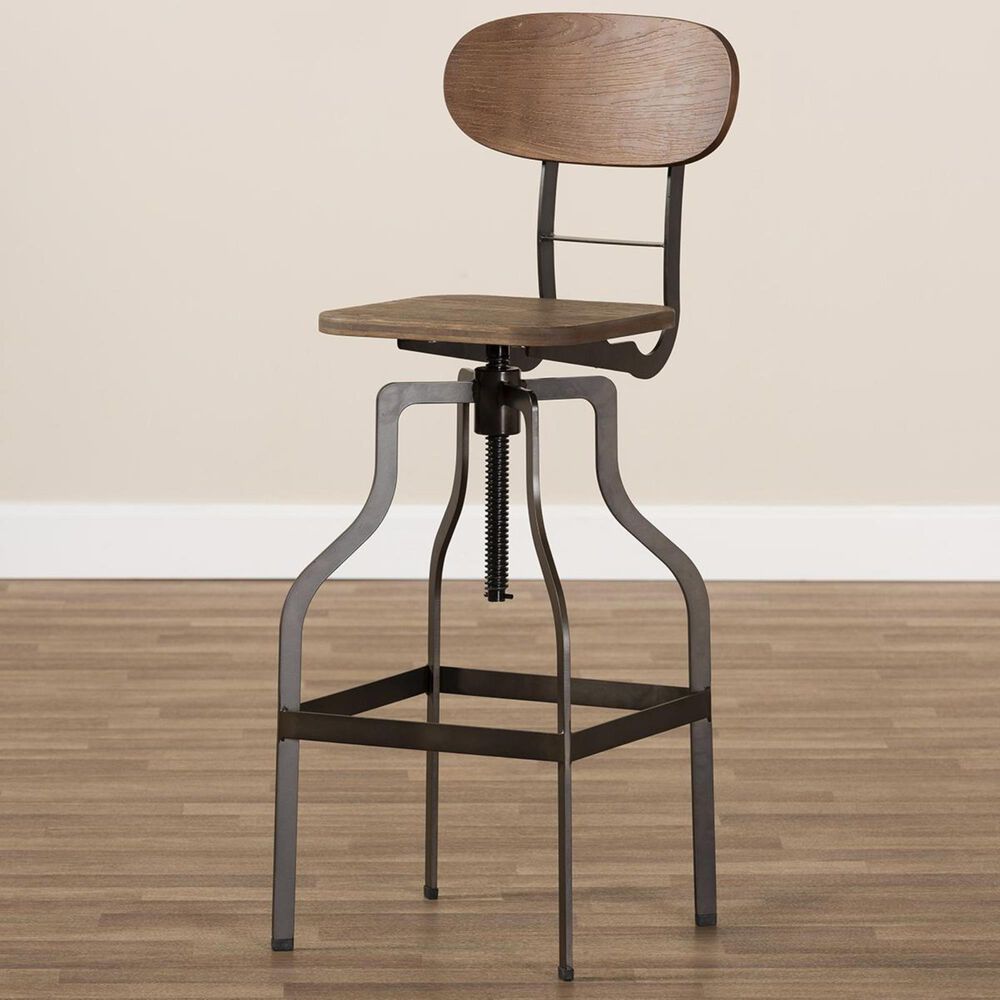 Baxton Studio Varek Adjustable Swivel Barstool in Oak Brown and Rust, , large