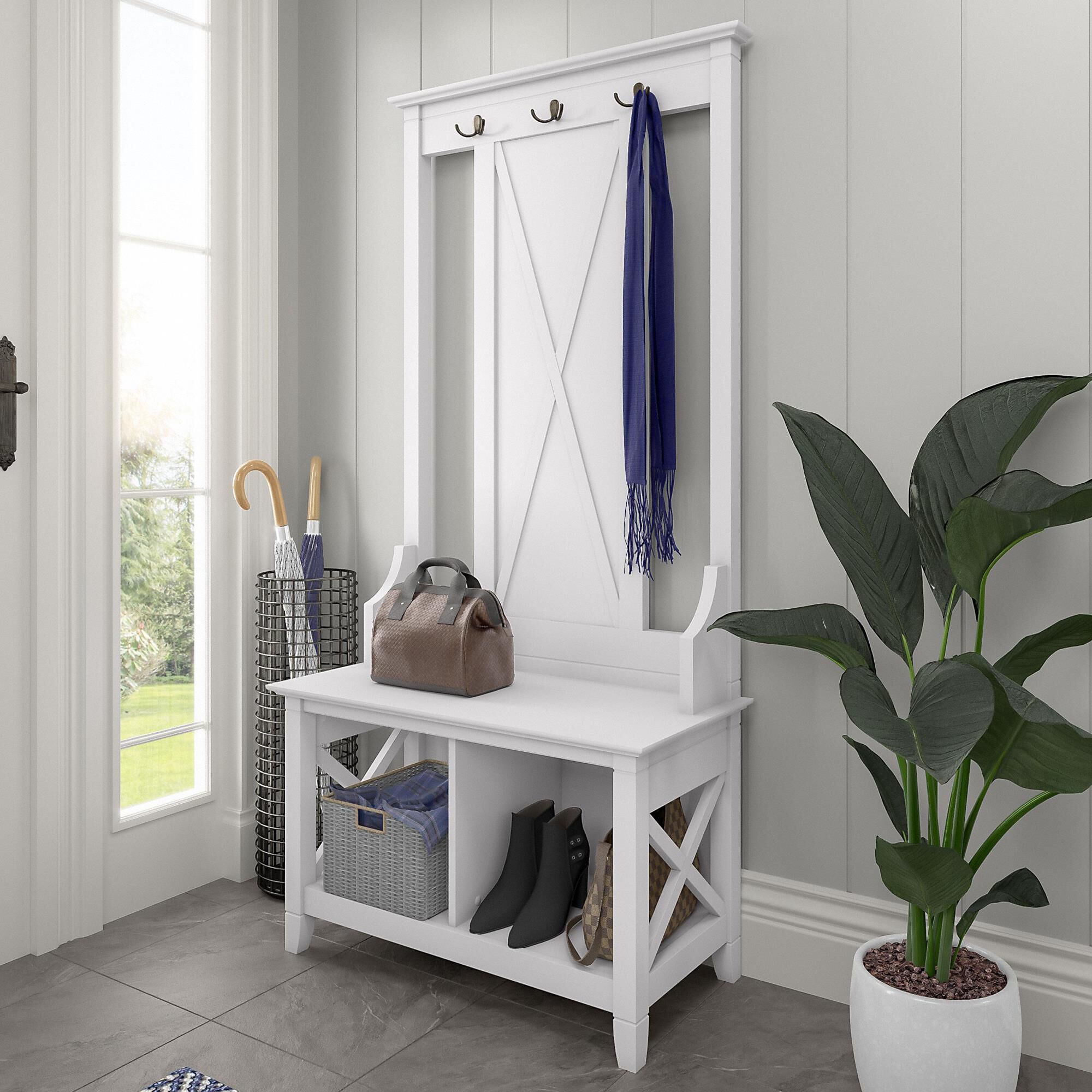 Bush Key West Hall Tree with Shoe Storage Bench in Pure White Oak