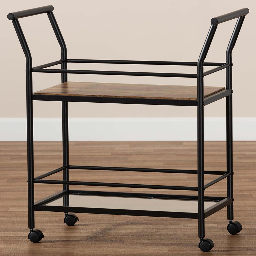 Baxton Studio Valora 2-Tier Mobile Wine Cart in Walnut/Clear/Black, , large