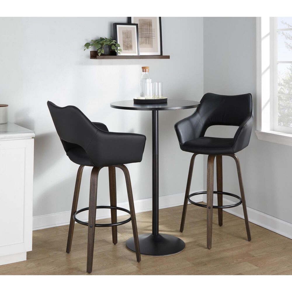 LumiSource Mustang 30" Swivel Bar Stool with Black Faux Leather Upholstery in Glazed Walnut and Black (Set of 2), , large