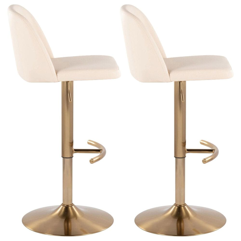 LumiSource Toriano Swivel Adjustable Bar Stool with Cream Faux Leather Upholstery in Gold (Set of 2), , large