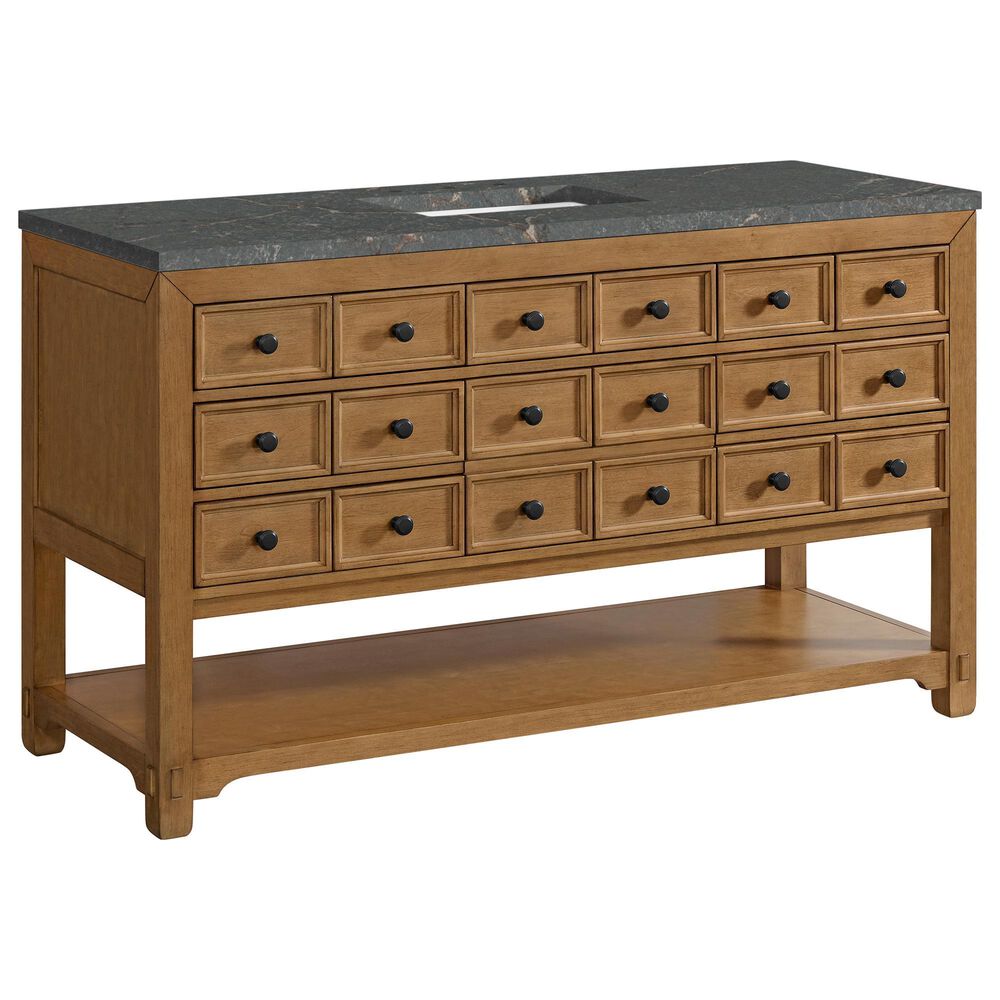 James Martin Malibu 60&quot; Single Bathroom Vanity in Amber Birch with 3 cm Parisien Bleu Quartz Top and Rectangular Sink, , large