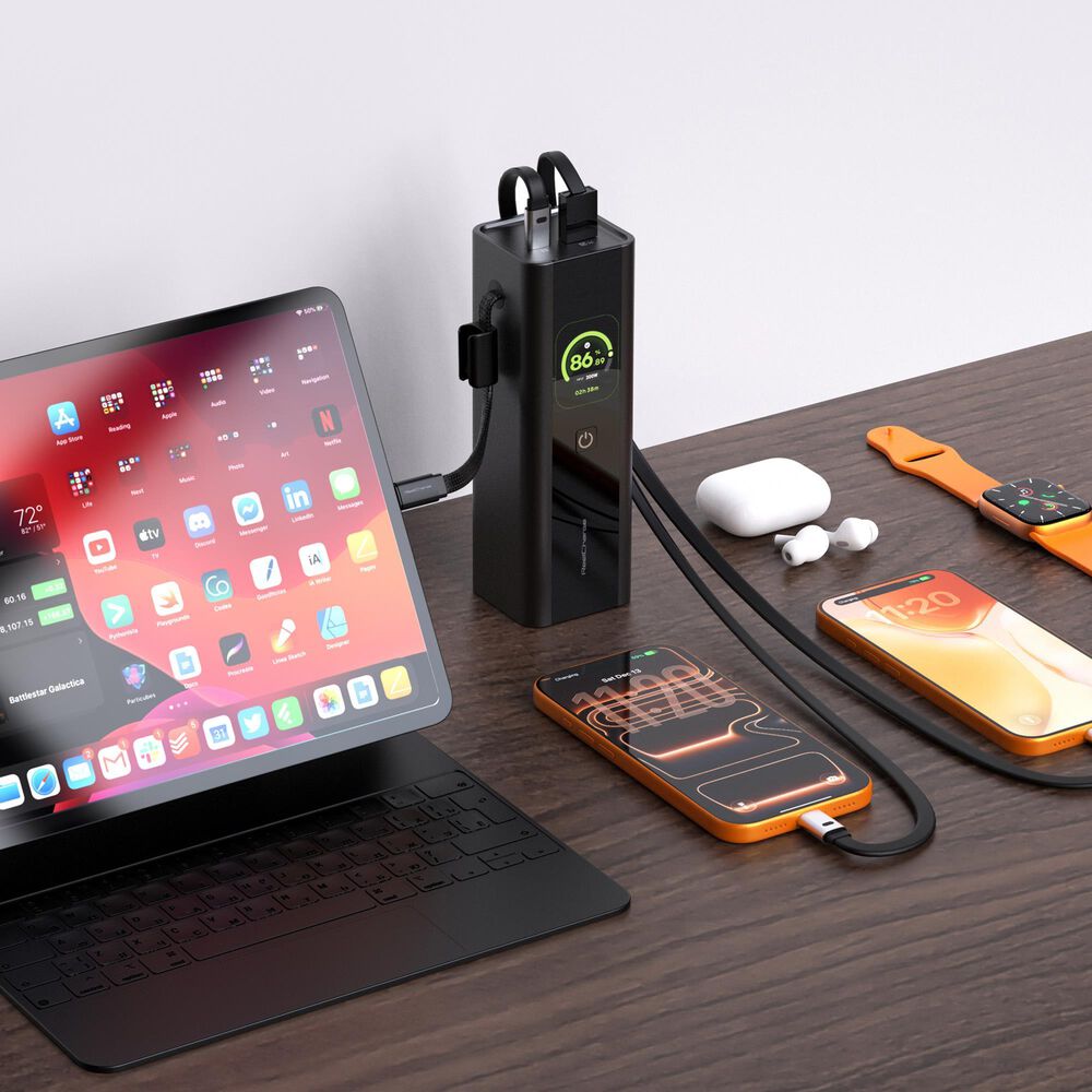 ReelCharge 27,000 mAh Power Bank with Integrated Cable and Smart Display in Charcoal, , large
