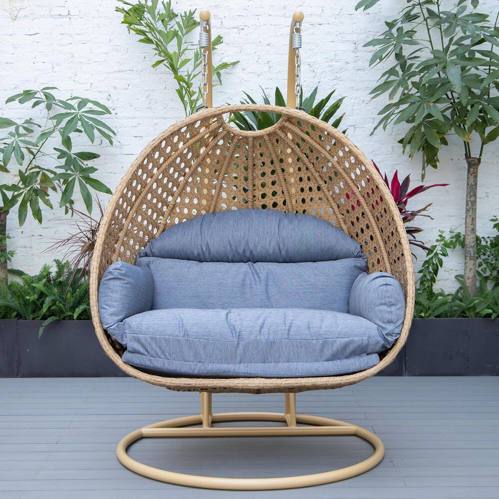 Leisuremod Mendoza Patio 2-Seat Hanging Egg Swing Chair with Charcoal Cushion in Light Brown, , large