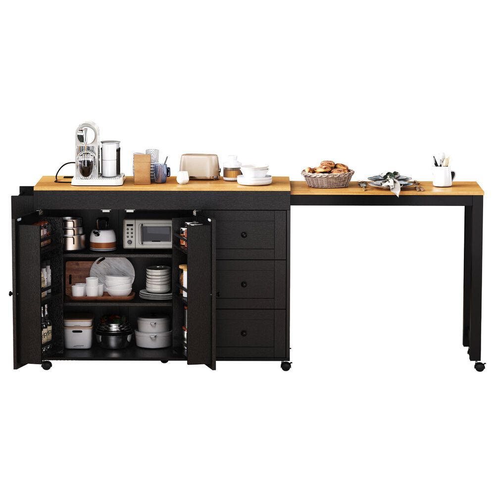 HOMLUX 74.8" Kitchen Island with Extendable Dining Table in Black and Natural, , large