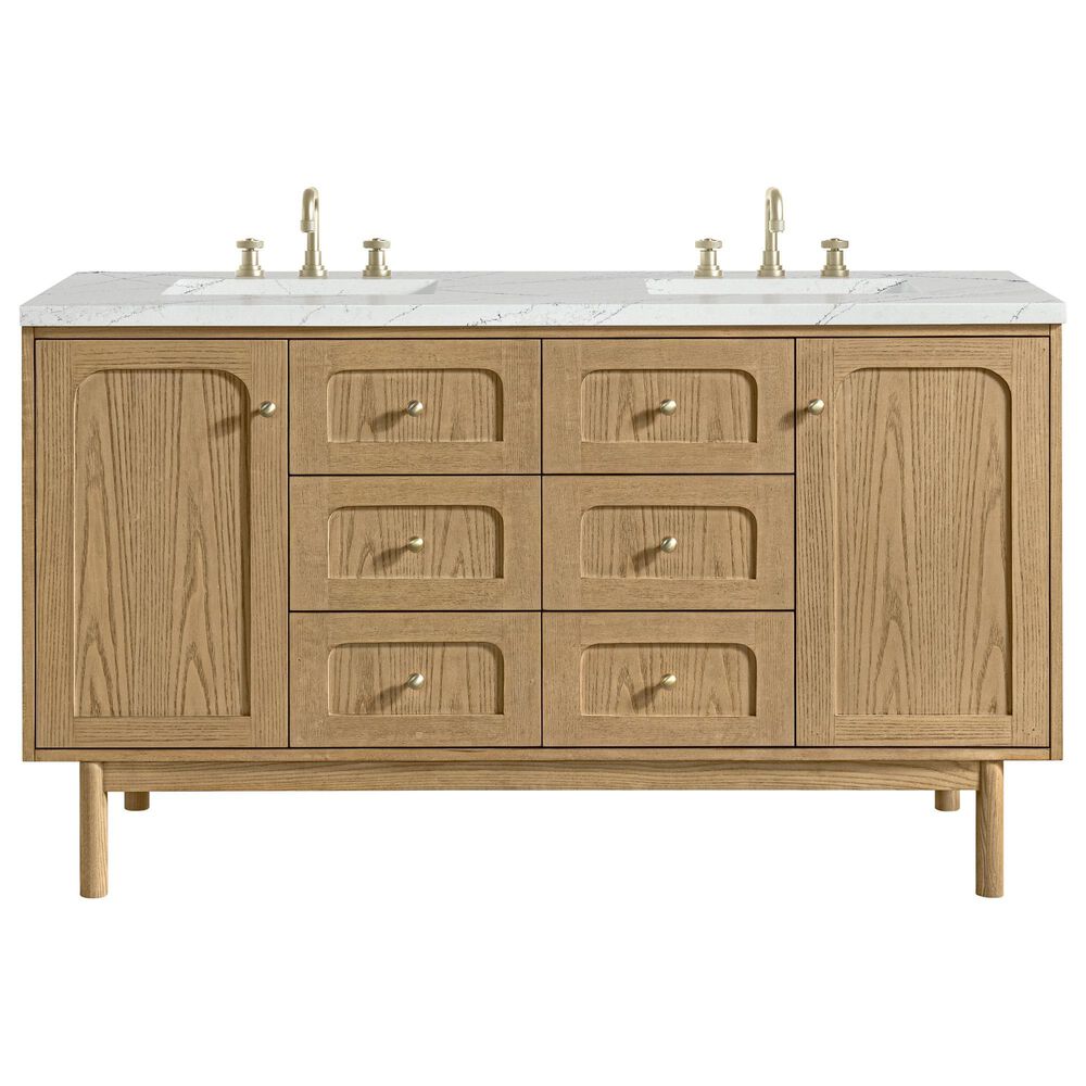 James Martin Vanities Laurent 60" Double Bathroom Vanity in Light Natural Oak with 3 cm Ethereal Noctis Quartz Top and Rectangular Sinks, , large