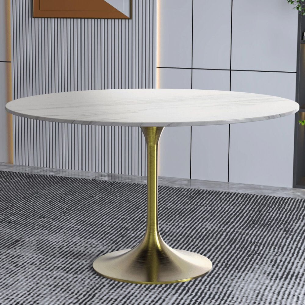 Leisuremod LeisureMod Verve Collection 48 Round Dining Table, Brushed Gold Base with Sintered Stone White Top, , large