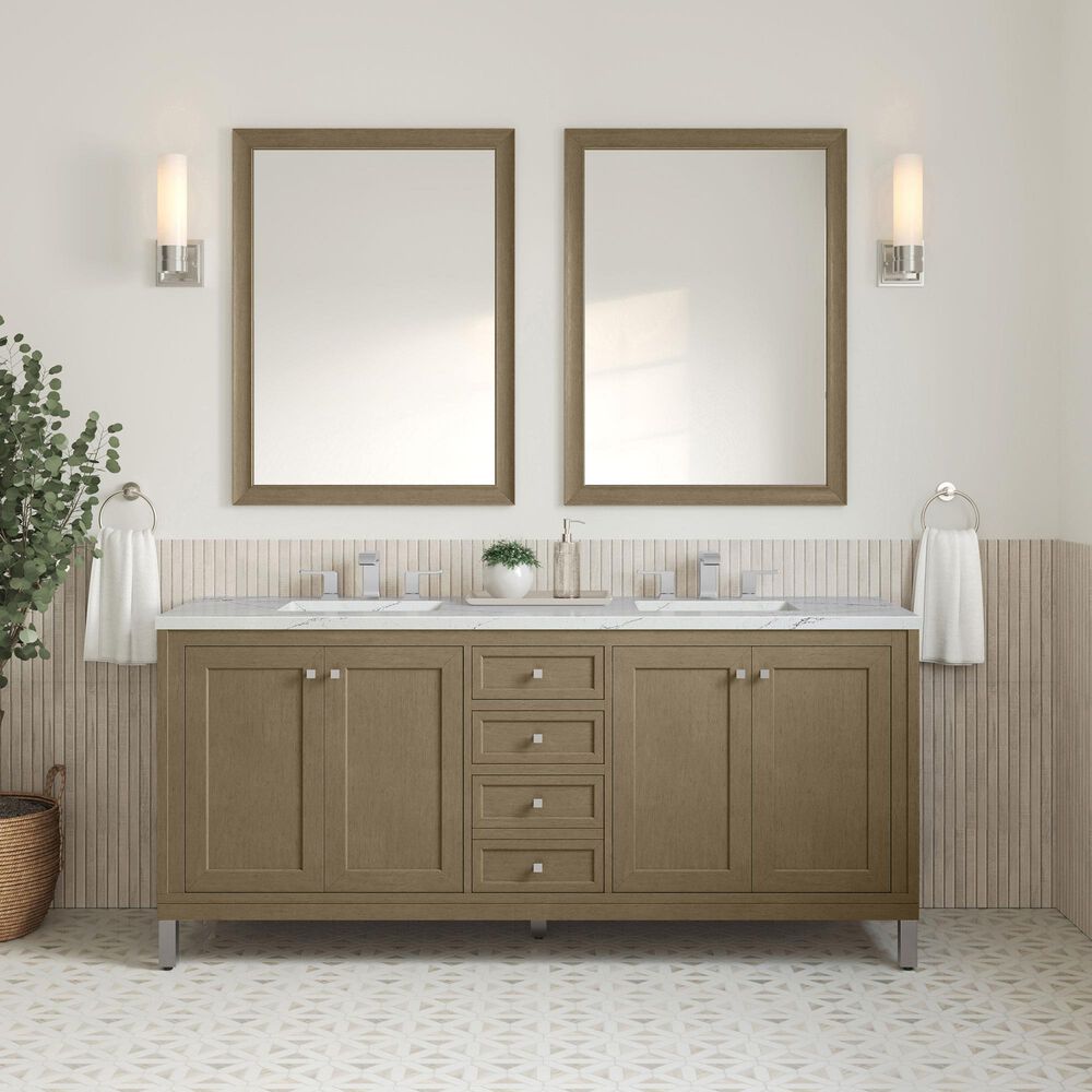 James Martin Vanities Chicago 72" Double Bathroom Vanity in Walnut Whisper with 3 cm Ethereal Noctis Quartz Top, Rectangular Sinks and FreePower Wireless Charger, , large