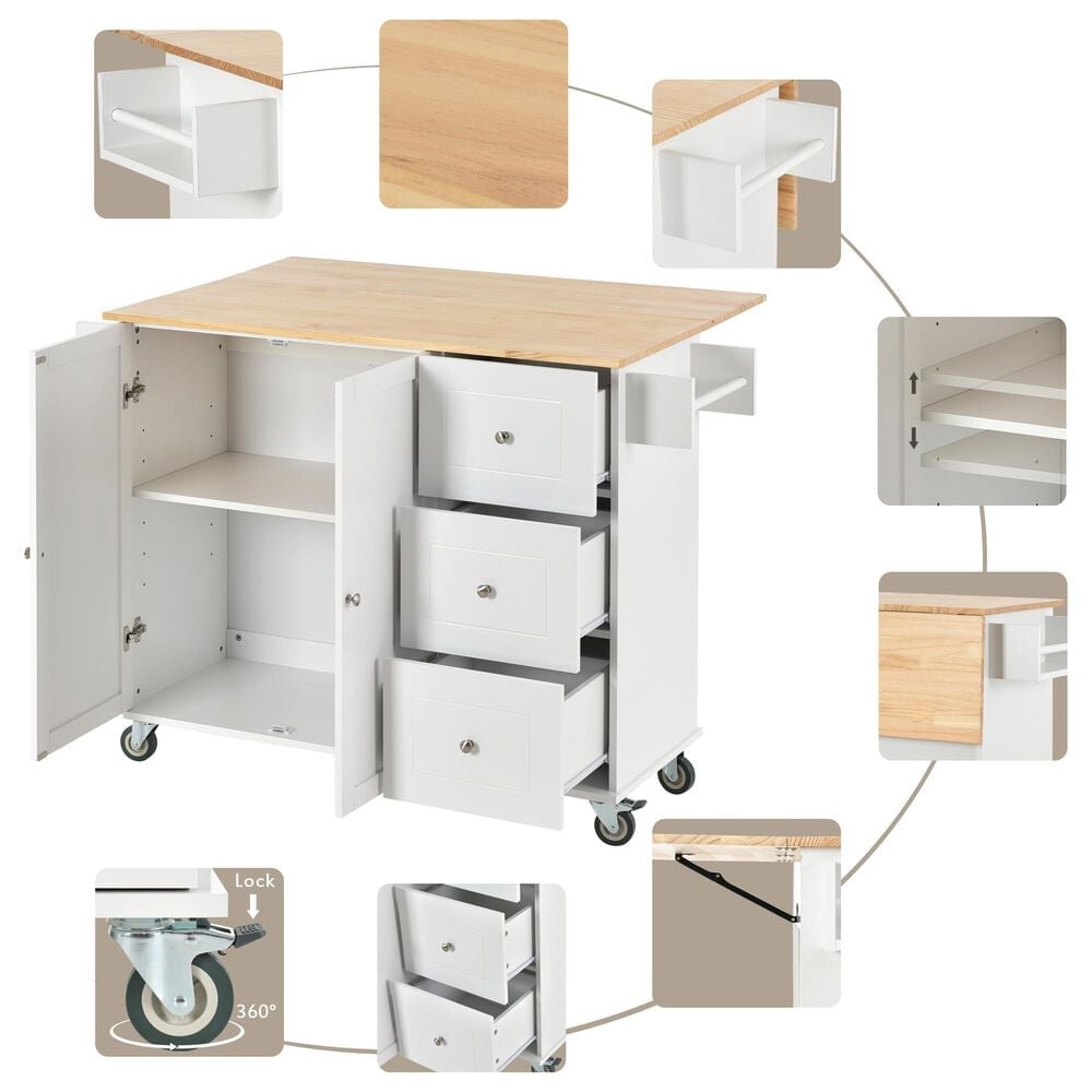 HOMLUX 53" Rolling Mobile Kitchen Island with Solid Wood Top and Locking Wheels in White, , large