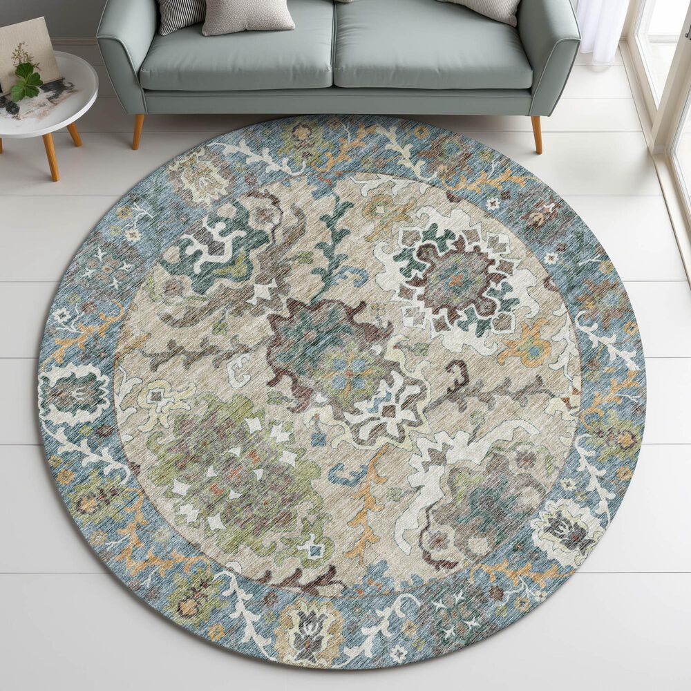Dalyn Rug Company Silk Road Aqua, Ivory, Teal, Aloe, Brown, Taupe and Beige 8&#39; Round Area Rug, , large