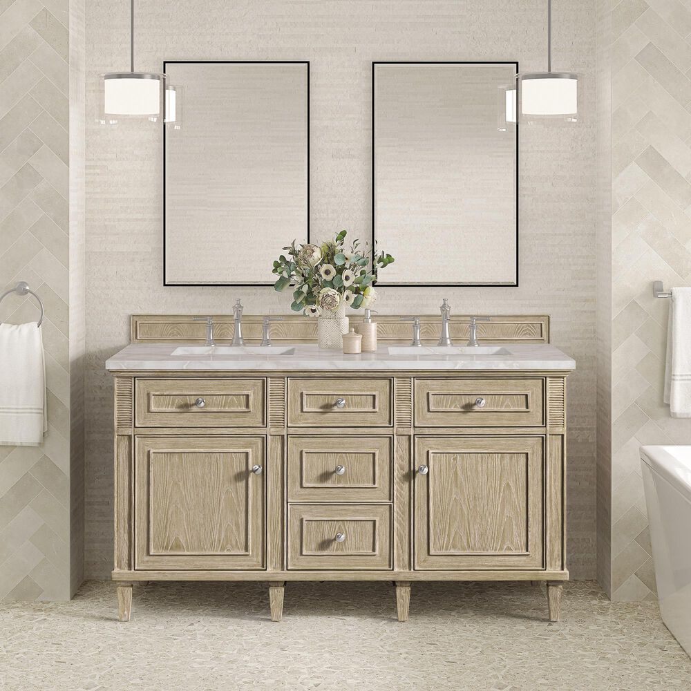 James Martin Vanities Lorelai 60" Double Bathroom Vanity in Whitewashed Oak with 3 cm Eternal Jasmine Pearl Silestone Top, Rectangular Sinks and FreePower Wireless Charger, , large