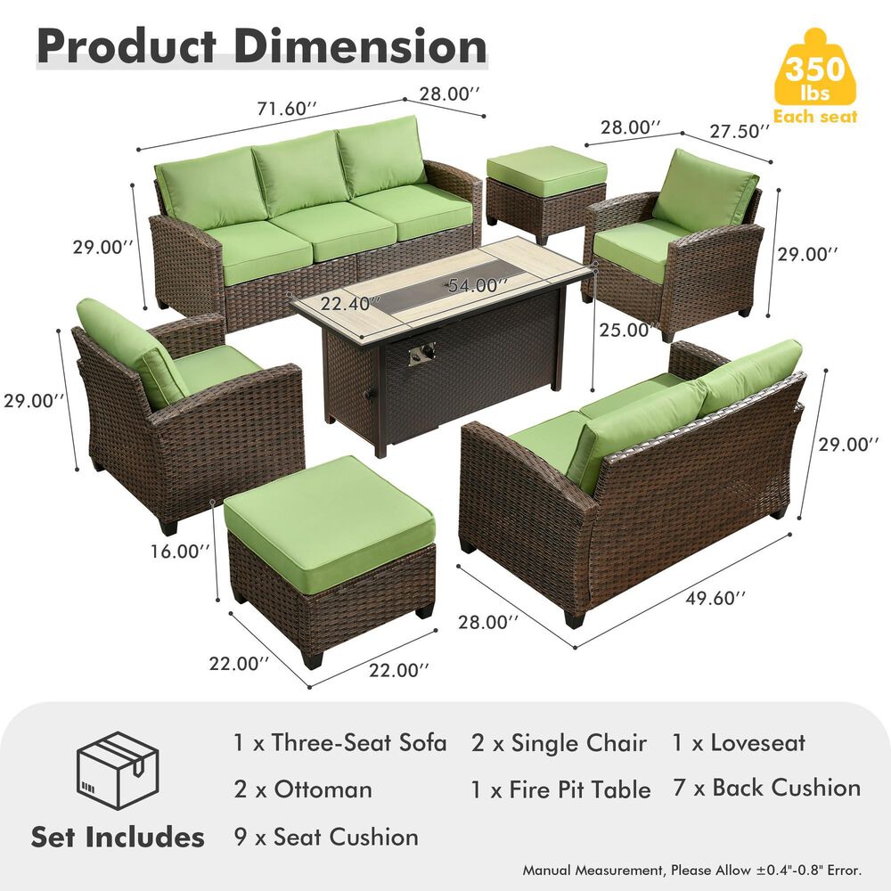 HOMLUX 7-Piece Patio Conversation Set with Fire Pit Table in Green, , large