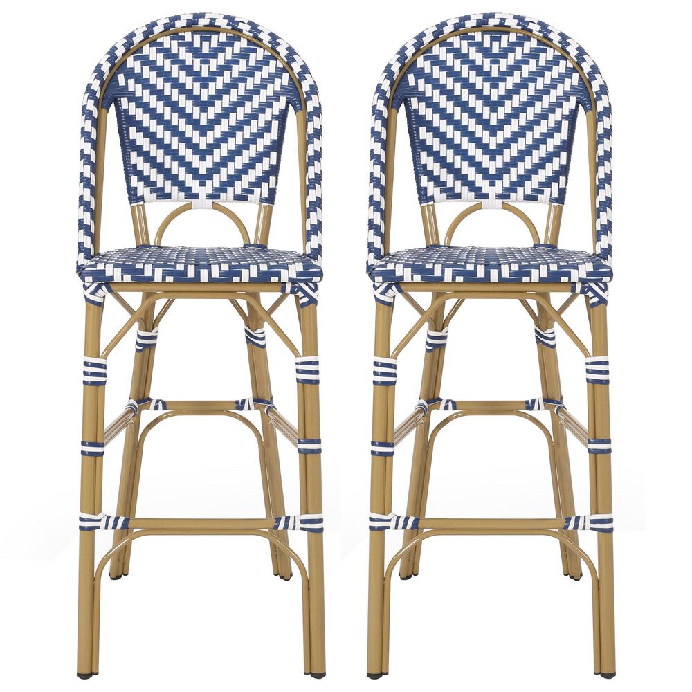 Hearth and Haven Outdoor Wicker French Barstool with Brown Aluminum Frame in Navy Blue (Set of 2), , large