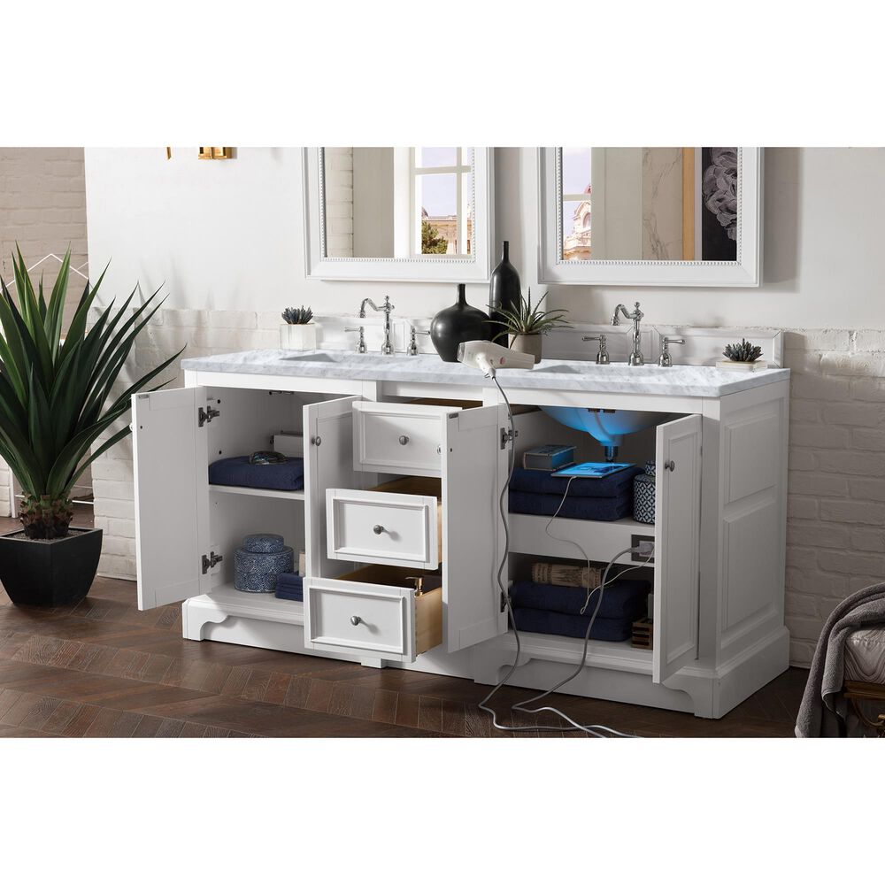 James Martin Vanities De Soto 72&quot; Double Bathroom Vanity in Bright White with 3 cm Carrara White Marble Top and Rectangular Sinks, , large