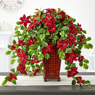 Nearly Natural Inc 25" Red Poinsettia and Variegated Holly Artificial Plant in Planter (Real Touch), , large
