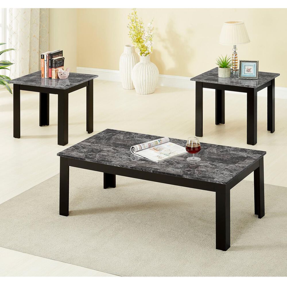 Titanic Furniture 3-pack Occasional Table Set in Faux Gray Marble and Black, , large