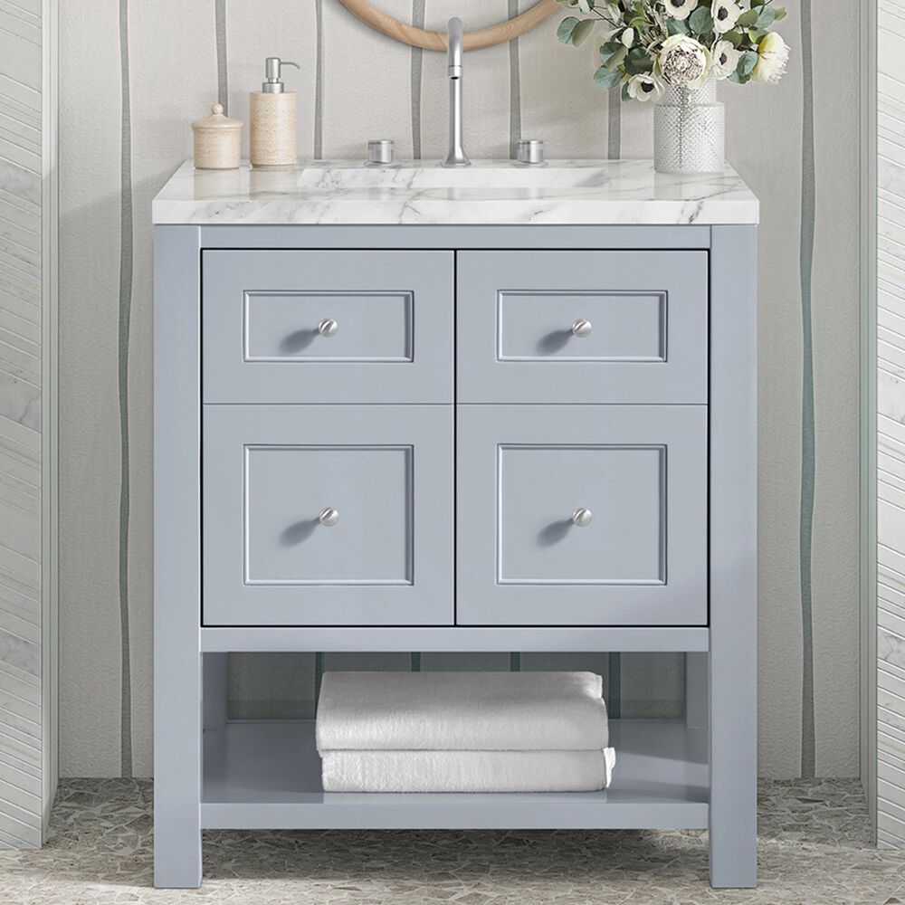 James Martin Vanities Breckenridge 30&quot; Single Bathroom Vanity in Serenity Blue with 3 cm Carrara White Marble Top and Rectangular Sink, , large