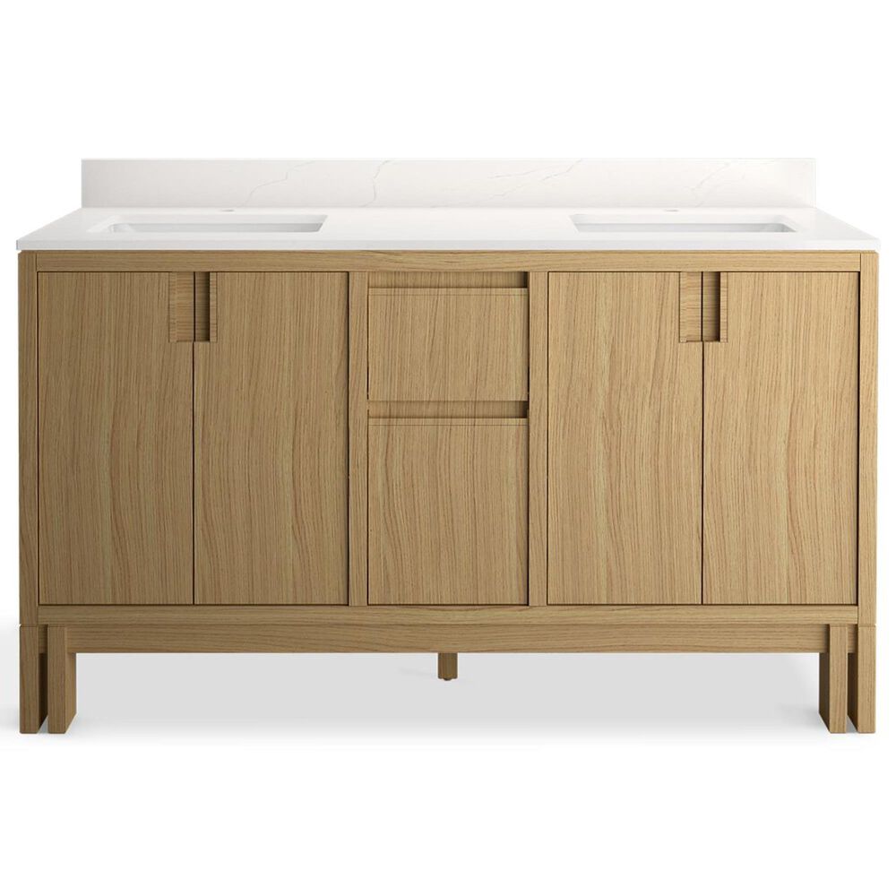 Kohler Solive 60" Double Bathroom Vanity in Light Oak with 2 cm White Quartz Top and Rectangular Sinks, , large